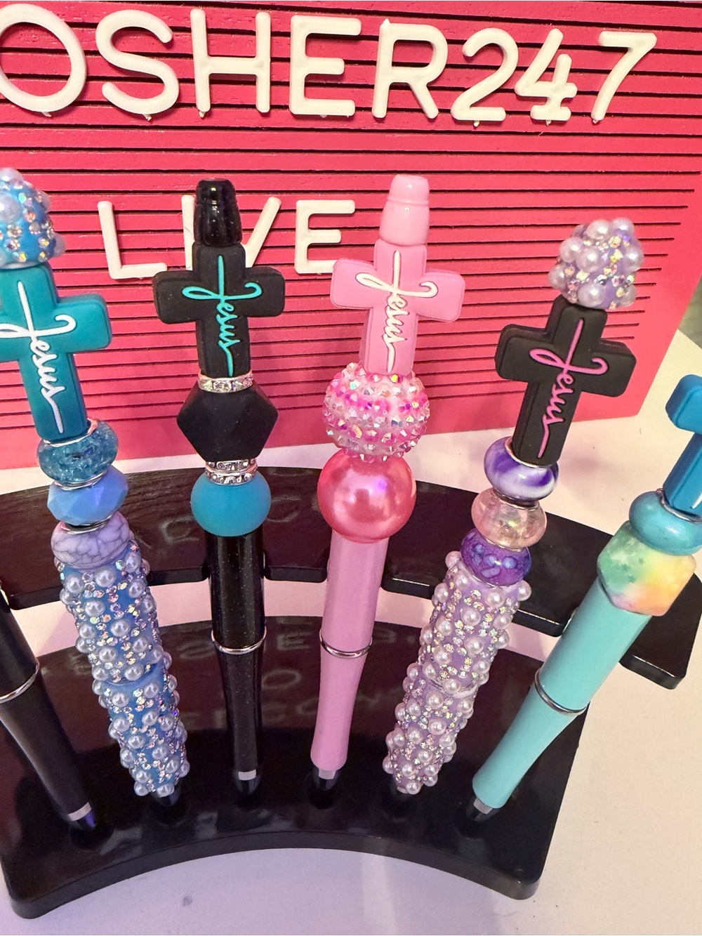 CHRISTIAN CUSTOM CROSS Beaded Pens - Pink, Aqua, Black,Purple $6 ea or 6/$30 - Picture 4 of 6